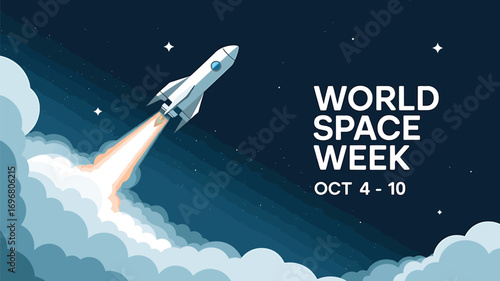Vector art of world space week graphic featuring a sleek rocket blasting off amidst clouds against a deep blue starry night sky