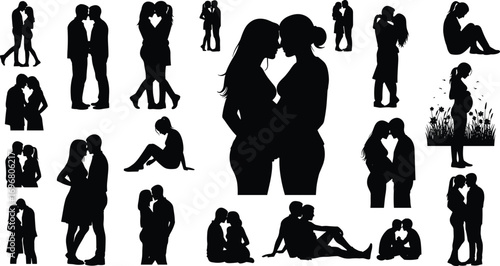 Romantic couple silhouettes showing love, intimacy, pregnancy, and emotional connection in various poses for family, relationship, and maternity themes.
