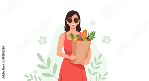 Woman With Sunglasses Holding Groceries Shopping Bag and Smiling Happily