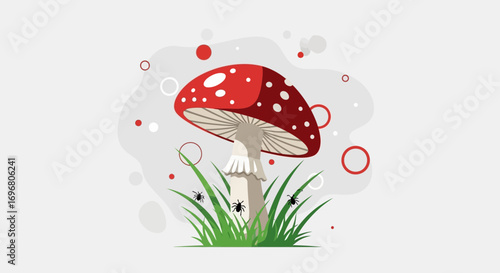 Whimsical Illustration of a Mushroom with Spores, Bugs and Grasses on a White Background