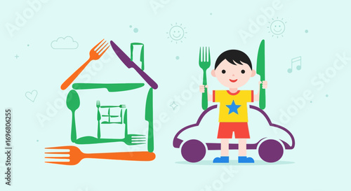 Whimsical Kitchen Adventure: Culinary Illustration Featuring Utensils, Car, and Child