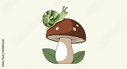 Whimsical Snail Resting On Mushroom Delightful Illustration With Green Leaves