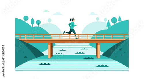 Woman Running Across Wooden Footbridge in Scenic Landscape, Green Views, Healthy Lifestyle