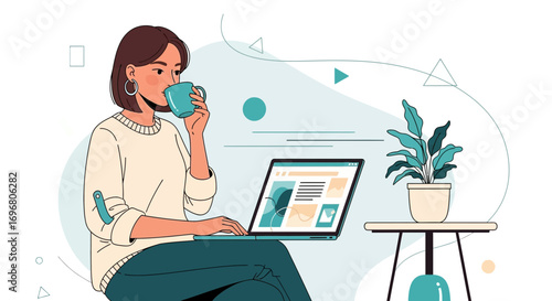 Woman Working On Laptop While Enjoying Coffee And Indoor Plants In Modern Illustrated Style