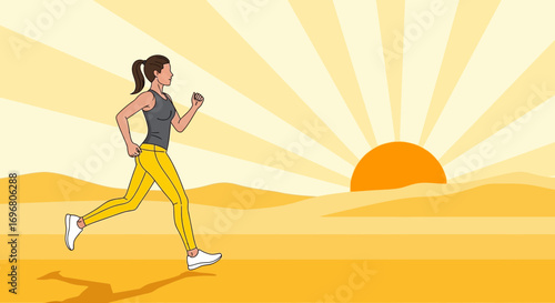 Woman Running At Dawn, Sunrise Fitness, Sport Illustration For Wellness, Fresh Start Concept