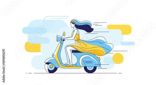 Woman Riding Retro Scooter Through Fluffy Clouds In A Contemporary Flat Illustration