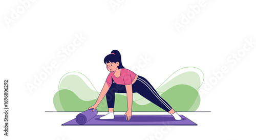 Woman Rolling Up Yoga Mat In Preparation For Exercise Healthy Lifestyle Activity