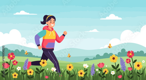 Woman Running in a Field of Flowers on a Sunny Day Capturing Vibrant Springtime Joy