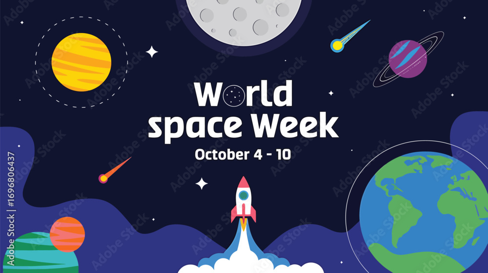 Naklejka premium Vector art of world space week banner featuring rockets, planets, moon, and stars against a dark blue cosmic background