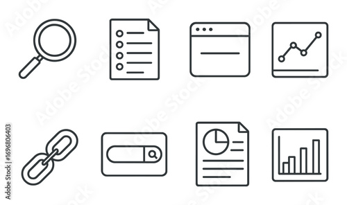 Abstract icons of magnifying glass, documents, graphs, and links on gradient background