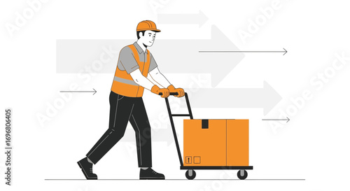 Worker Transporting Package On Trolley, Flat Design, Earning And Delivery Concept