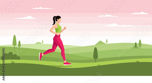 Woman Running Outdoors Through Scenic Landscape Promoting Health and Wellbeing Goals