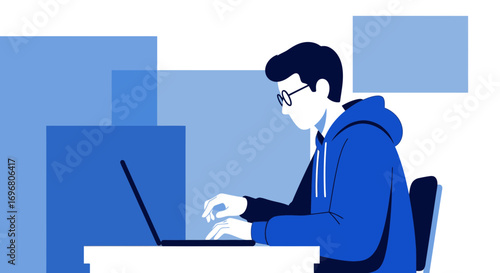 Working Person Coding On a Laptop With Abstract Blue Background Shapes and Glasses