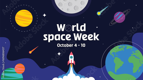 Vector art of world space week banner featuring rockets, planets, moon, and stars against a dark blue cosmic background
