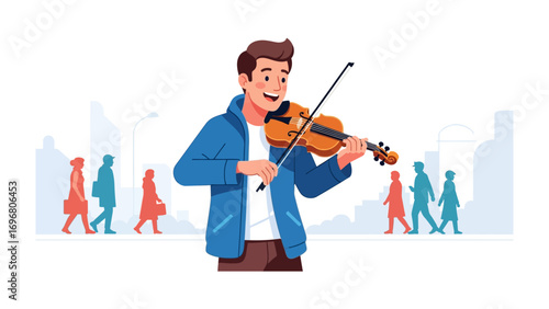 Harmony in the City: A skilled violinist captivating a cityscape with musical notes. An illustration of music and art performance.