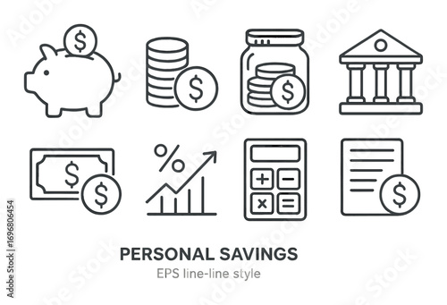 Financial savings icons: piggy bank, coins, jar, bank, money, growth, calculator