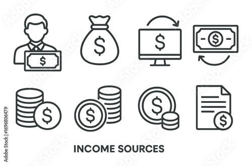 Income sources icons: money bag, currency, investment, payment, finance concepts