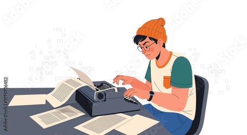 Writer Concentrating on Typing, Producing Written Pages on a Vintage Typewriter Machine