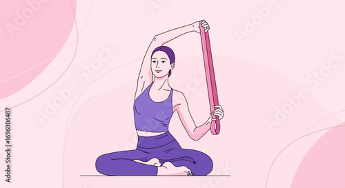 Yoga Exercise Illustration Featuring Flexible Woman Stretching With Resistance Band, Healthy