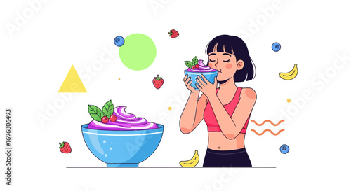 Woman Savoring Freshly Made Delicious Dessert Treat, Presented in Vivid Illustration