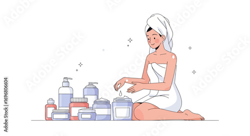 Woman Applying Skincare Products After Bathing For Beauty Maintenance and Self-Care Routine