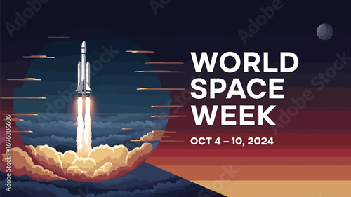 Vector art of world space week 2024 banner featuring a rocket launch against a sunset and moon backdrop