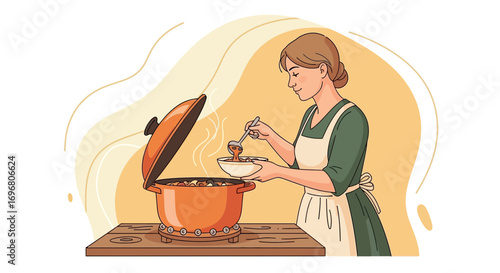 Woman Serving Delicious Dish from a Pot Cooking on the Stove, Culinary Illustration