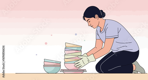 Woman Arranges Clean Dishes, Illustrating Domestic Chores and Kitchen Work, Simplified Lines
