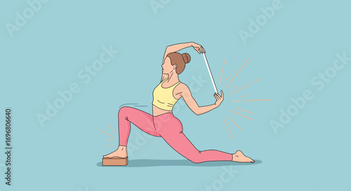 Yoga Practitioner Stretching with Rod on Blue Background Perfect Health and Balance
