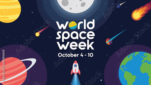 Vector art of world space week illustration with rocket launching into starry sky with planets and moon, celebrating space exploration and astronomy