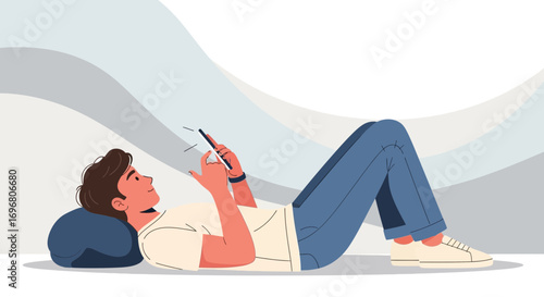 Young Adult Lying Down Relaxing Outdoors In Daylight Enjoying Entertainment On Phone