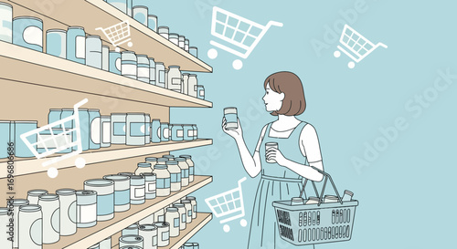 Woman Shopping in Supermarket, Examining Product, Choosing Groceries For Purchase