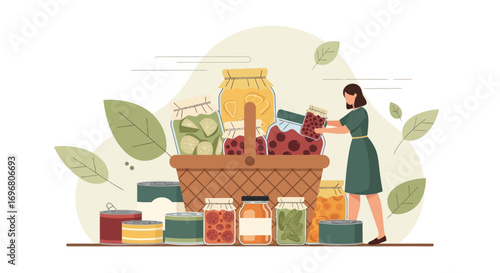 Woman Arranges Preserved Food Jars Inside a Basket for Storage