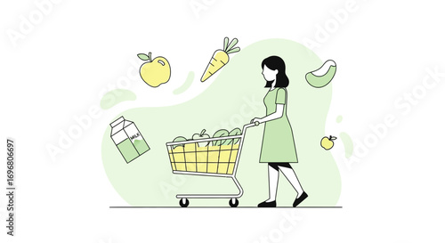 Woman Shopping For Healthy Groceries, Pushing A Cart Full Of Fruits And Vegetables