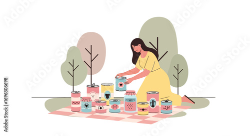 Woman Arranging Canned Goods For A Picnic In A Nature-Filled Setting Illustration