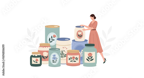 Woman Arranging Canned Goods Displayed With Floral Embellishments In Flat Design Illustration