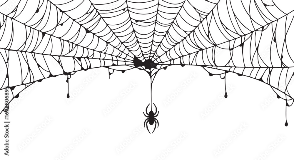 Creepy spider web isolated on white background with hanging spiders and dripping goo, perfect for halloween decorations and spooky designs