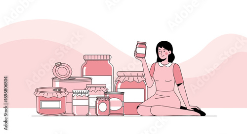 Woman Showcasing Preserved Goods with Jars and Cans, Ready for Storage and Sustenance