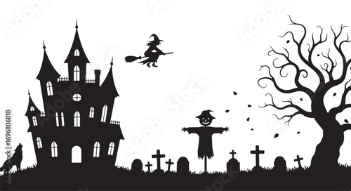 Silhouette of a haunted house, a witch on a broom, a scarecrow, a wolf, and a creepy tree in a graveyard isolated on white background