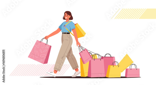 Woman Shopping With Many Bags, Walking Towards A Purchase, A Positive Approach