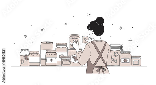 Woman Arranging Jars of Preserved Food, Kitchen Illustration, Winter Vibes