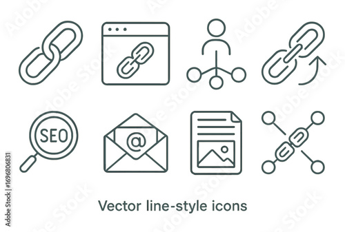 Seo and email icon set featuring links and communication elements