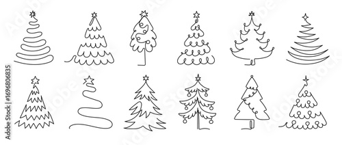 Continuous one line christmas tree. Linear festive winter holiday trees doodles with decorative stars. Line art Xmas tree for seasonal holidays isolated vector illustration set.