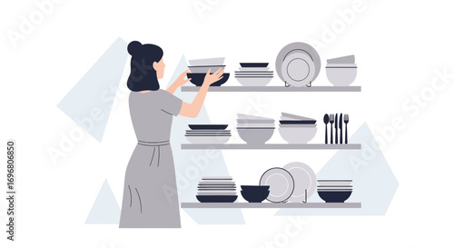 Woman Arranging Plates, Bowls And Utensils On Stylish Shelves In Minimalist Design