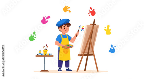 Young Artist Creating Masterpiece Painting With Paintbrush And Colorful Splashes