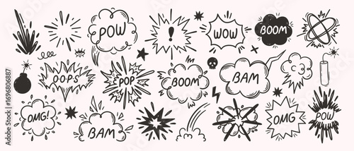 Doodle comic explosions. Boom, Bam and Pop sound effects with hand drawn explosion speech bubbles, blast bursts and puff clouds. Cartoon bang isolated vector set.