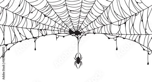 Creepy spider web isolated on white background with hanging spiders and dripping goo, perfect for halloween decorations and spooky designs