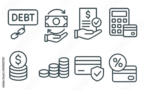 Financial icons illustrating debt solutions and payment methods
