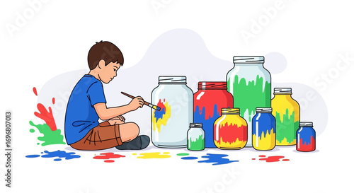Young Artist Painting Jars: A Vivid Display Of Creativity And Artistic Expression