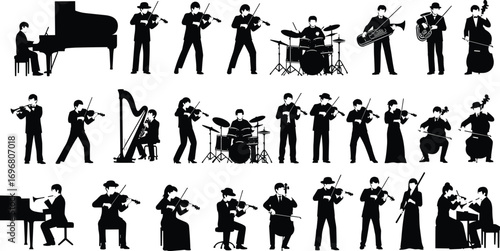 Silhouette vector of orchestra musicians playing diverse instruments in ensemble rows, capturing classical performance, emotion, and artistic collaboration.
